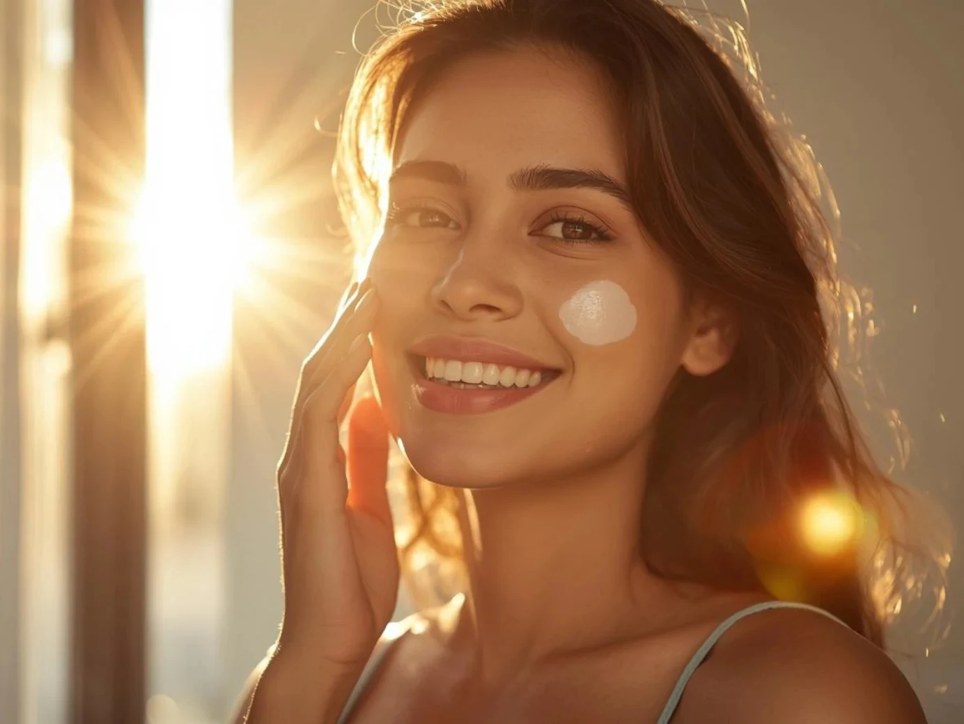 Young woman applying sunscreen with glowing skin in warm sunlight, representing summer skin care in Lucknow