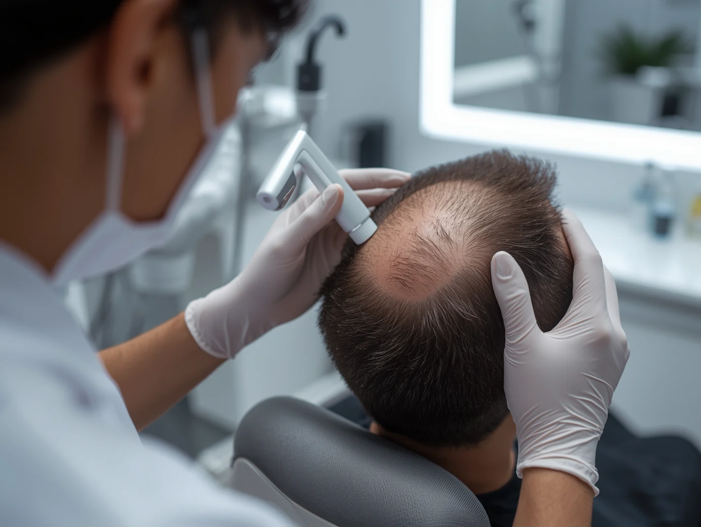 Advanced Exosomes hair treatment in Lucknow being performed on a man with hair thinning in a modern dermatology clinic.
